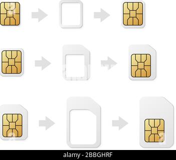 Esim à Nano, Nano à micro, adaptateur micro à carte SIM normale. Convertisseur de carte sim du téléphone défini. Illustration de Vecteur