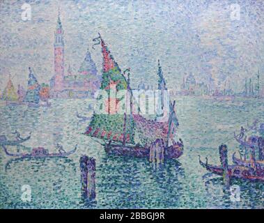 Peinture de "la voile verte" (la voile verte) par le peintre néo-impressionniste français Paul Signac (1899) exposé au Musée d'Orsay à Paris, France. Banque D'Images