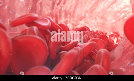illustration tridimensionnelle des globules rouges à l'intérieur d'une artère, d'une veine. Le flux de sang à l'intérieur d'un organisme vivant. Concept microbiologique scientifique et médical Banque D'Images