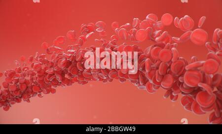 Globules rouges sur fond rouge. Flux sanguin dans un organisme vivant. Concept scientifique et médical. Transfert d'éléments importants dans le sang Banque D'Images