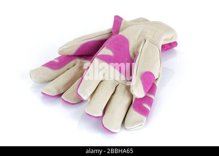 Gants de jardin roses isolés sur fond blanc Banque D'Images