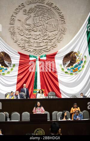 Alejandra Frausto, ministre mexicain de la culture, s'adresse au Congrès fédéral à Mexico. Banque D'Images