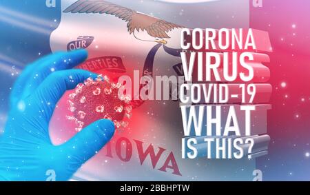 Coronavirus COVID-19, Foire aux questions - quel est le texte, concept médical avec drapeau des Etats-Unis. Illustration du drapeau de l'état de l'Iowa. Banque D'Images