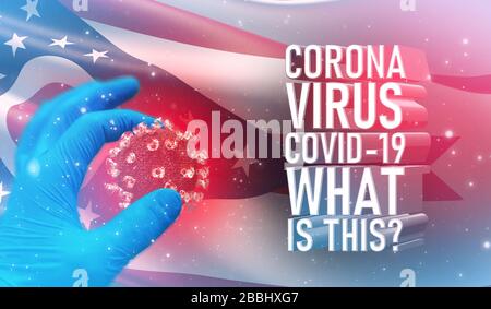 Coronavirus COVID-19, Foire aux questions - quel est le texte, concept médical avec drapeau des Etats-Unis. Illustration du drapeau de l'état de l'Ohio. Banque D'Images