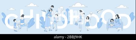Modèle de bannière de mot d'enfance. Les femmes passent du temps avec les enfants, la mère, le fils et la fille vecteur de dessin animé illustration. Service Nanny, jardin d'enfants, parenting, conception d'affiche de baby-sitter. Illustration de Vecteur