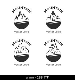 Logo Mountain Vector. Silhouettes de montagnes rocheuses, hauts de neige rocailleux. Activités de plein air, voyages dans les alpes, vivre sur la nature extérieur, camping, randonnée sur la montagne badges modèles. Illustration de Vecteur