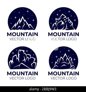 Logo Mountain Vector. Silhouettes de montagnes rocheuses avec ciel étoilé. Activités de plein air, voyages dans les alpes, vivre sur la nature extérieur, camping, randonnée sur la montagne badges modèles. Illustration de Vecteur