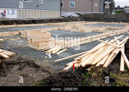 Fondation résidentielle en construction. Pitt Meadows, B. C., Canada. Banque D'Images