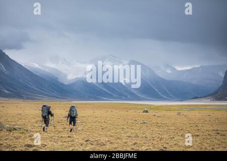 Vue arrière de deux routards qui ont fait de la randonnée dans la vallée ouverte de l'arctique. Banque D'Images