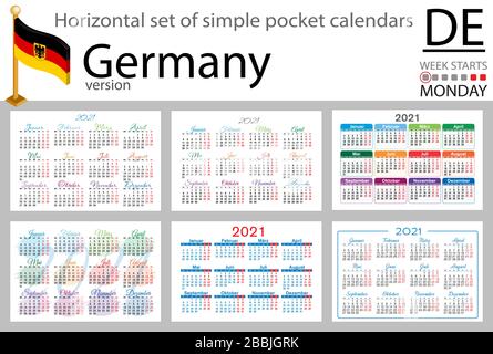 Ensemble horizontal allemand de calendriers de poche pour 2020 (deux mille vingt et un). La semaine commence le lundi. Nouvelle année. Conception simple des couleurs. Vecteur Illustration de Vecteur