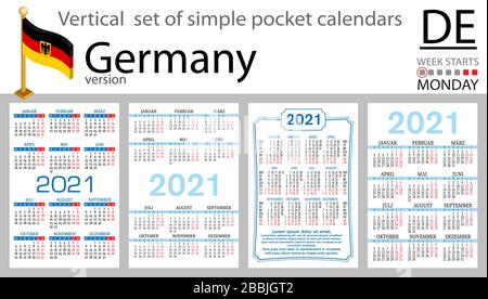 Ensemble vertical allemand de calendriers de poche pour 2020 (deux mille vingt et un). La semaine commence le lundi. Nouvelle année. Conception simple des couleurs. Vecteur Illustration de Vecteur