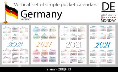 Ensemble vertical allemand de calendriers de poche pour 2020 (deux mille vingt et un). La semaine commence le lundi. Nouvelle année. Conception simple des couleurs. Vecteur Illustration de Vecteur