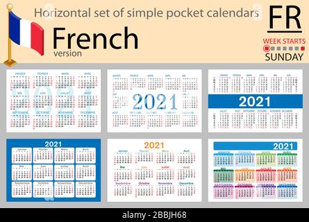 Ensemble horizontal français de calendriers de poche pour 2020 (deux mille vingt et un). La semaine commence le lundi. Nouvelle année. Conception simple des couleurs. Vecteur Illustration de Vecteur