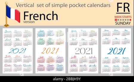 Ensemble vertical français de calendriers de poche pour 2020 (deux mille vingt et un). La semaine commence le lundi. Nouvelle année. Conception simple des couleurs. Vecteur Illustration de Vecteur