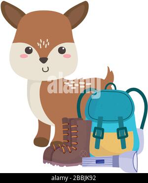 camping mignon petit cerf sac à dos lampe de poche bottes dessin animé vectoriel Illustration de Vecteur