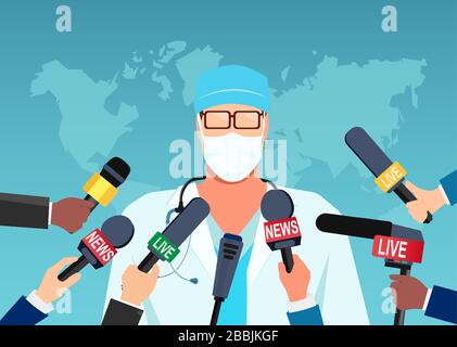 Vecteur d'un médecin en masque donnant une mise à jour sur une pandémie à un groupe de journalistes Illustration de Vecteur