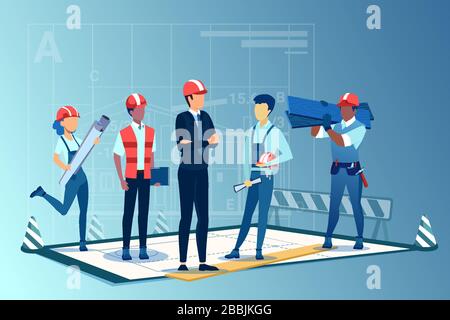 Vecteur d'une équipe d'architectes, de travailleurs de la construction et d'ingénieurs travaillant ensemble sur des projets immobiliers Illustration de Vecteur
