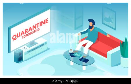 Vecteur d'un jeune homme qui séjourne à la maison en regardant la télévision à la suite de conseils de professionnels de la santé pour l'auto-isolation Illustration de Vecteur