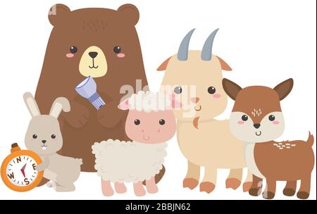 camping mignon ours de chèvre de chèvre de cerf et de lapin avec boussole isolé illustration vectorielle Illustration de Vecteur