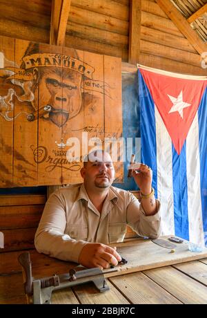 L'agriculteur du tabac fume le cigare à la ferme Manolo, à Vinales, dans la province de Pinar del Rio, à Cuba Banque D'Images