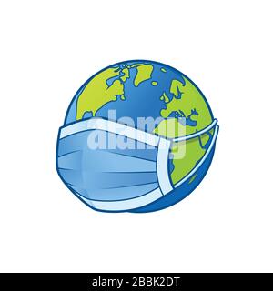 Terre avec un masque, le concept du monde contre les virus, le monde est en danger, attaque du virus Corona, signe et symbole, icône, vecteur de dessin animé. Illustration de Vecteur