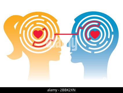 Couple affectueux, labyrinthe d'amour. Têtes hommes et femmes stylisées en profil avec labyrinthe et coeurs. Concept de psychologie de l'amour. Vecteur disponible. Illustration de Vecteur