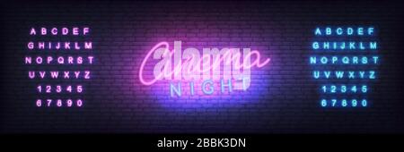Modèle de néon de cinéma. Étiquette de soirée cinéma avec lettres illuminantes Illustration de Vecteur