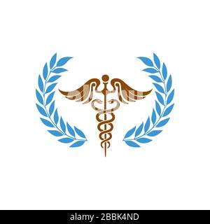 Santé médicale Caluceeus symbole Snake et Wand Asclepius logo avec l'icône de richesse de riz Illustration de Vecteur