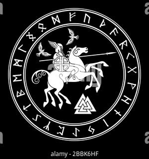 Dieu Wotan, équitation sur un cheval Sleipnir avec une lance et deux corbeaux dans un cercle de Norse runes. Illustration de la mythologie Norse Illustration de Vecteur