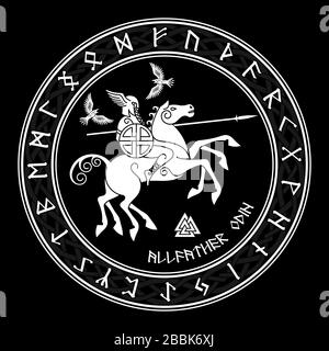 Dieu Wotan, équitation sur un cheval Sleipnir avec une lance et deux corbeaux dans un cercle de Norse runes. Illustration de la mythologie Norse Illustration de Vecteur