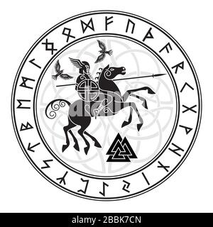 Dieu Wotan, équitation sur un cheval Sleipnir avec une lance et deux corbeaux dans un cercle de Norse runes. Illustration de la mythologie Norse Illustration de Vecteur