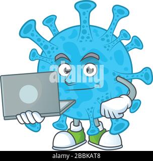 Style mascotte de backteria coronavirus diligent qui fonctionne à la maison avec un ordinateur portable Illustration de Vecteur