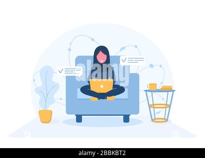 Femme freelance. Une fille arabe dans le hijab avec un ordinateur portable assis sur un fauteuil. Illustration du concept pour travailler, étudier, éducation, travailler à domicile Illustration de Vecteur