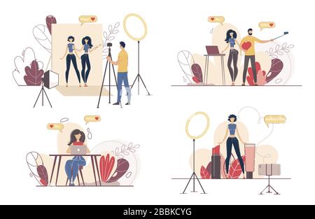 Jeu de caractères vectoriels de la Station de gestion de contenu pour réseaux sociaux Illustration de Vecteur