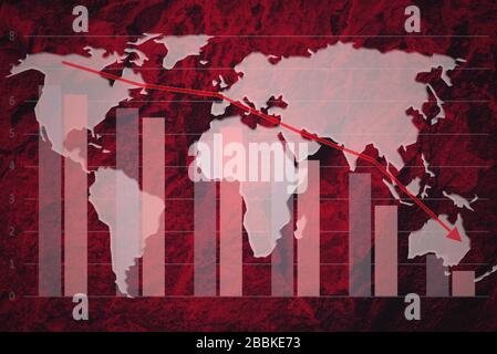 Image composite de l'économie mondiale de crise - carte mondiale de grunge rouge dans un graphique de données et une courbe de déclin Banque D'Images