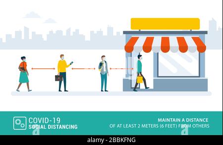 Distanciation sociale et prévention du coronavirus covid-19: Maintenir une distance de sécurité des autres lors du shopping dans les magasins Illustration de Vecteur