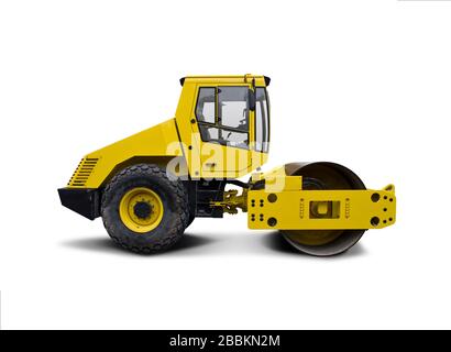 Vue latérale du rouleau de route jaune isolée sur blanc Banque D'Images