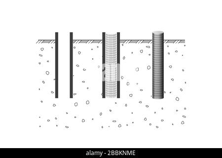 Pieu de tuyau. Étapes de construction. Illustration vectorielle. La base du bâtiment. Illustration de Vecteur