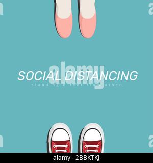 Distance sociale. Deux personnes se tiennent espacées les unes des autres pour distancer les réseaux sociaux, augmentant l'espace physique entre les personnes pour éviter de se répandre illarn Illustration de Vecteur