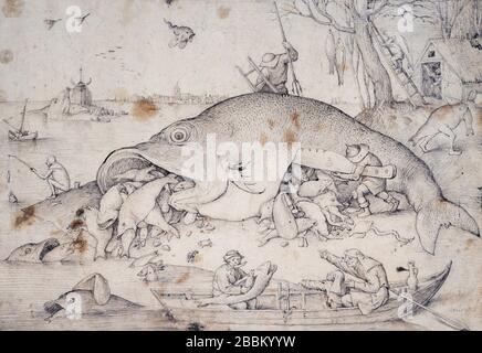 'Le gros poisson mange le petit poisson' (1556) par Pieter Bruegel l'aîné (v. 1526-1530 – 1559). Brosse et stylo. Télécopieur. Banque D'Images