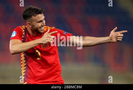 Espagne Borja Mayoral d'U21 célèbre son cinquième but du jeu Banque D'Images