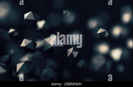 Rendu abstrait des particules poly basses chaotiques. Voler des sphères polygonales dans un espace vide. Arrière-plan futuriste avec effet bokeh. Motif poster. Banque D'Images