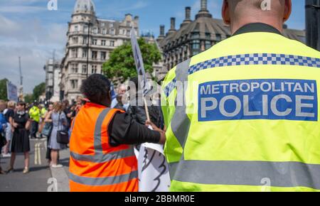 Le policier observe à distance, tandis qu'une manifestation de protestation "opération Shutdown" a lieu aux portes de la Chambre du Parlement, Londres Banque D'Images