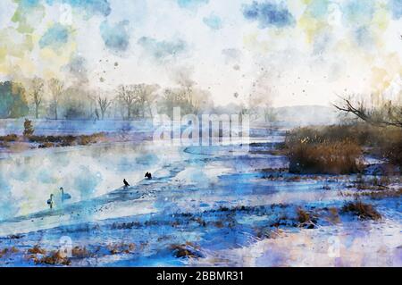 Peinture à l'eau du paysage d'hiver de la rivière havel. Neige. Oiseaux sur l'eau. Havelland. Banque D'Images