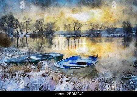 Peinture en aquarelle des bateaux de pêcheurs sur le paysage d'hiver de la rivière havel. Neige. Coucher de soleil Banque D'Images