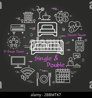 Concept noir vectoriel de chambre simple et double dans l'hôtel Illustration de Vecteur
