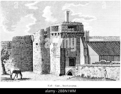 Une gravure de l'East Gate, Southampton 1784 numérisé à haute résolution à partir d'un livre publié vers 1786. Considéré comme libre de droits d'auteur. Banque D'Images