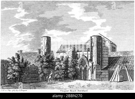 Une gravure du Chapitre House Hereford 1784 a été numérisée à haute résolution à partir d'un livre publié vers 1786. Considéré comme libre de droits d'auteur. Banque D'Images