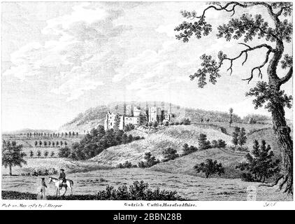 Une gravure de Godrich (Goodrich) Castle, Herefordshire 1784 numérisé à haute résolution à partir d'un livre publié vers 1786. Considéré comme libre de droits d'auteur. Banque D'Images