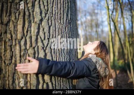 Une fille de 11 ans embrasse le tronc d'un arbre énorme Banque D'Images